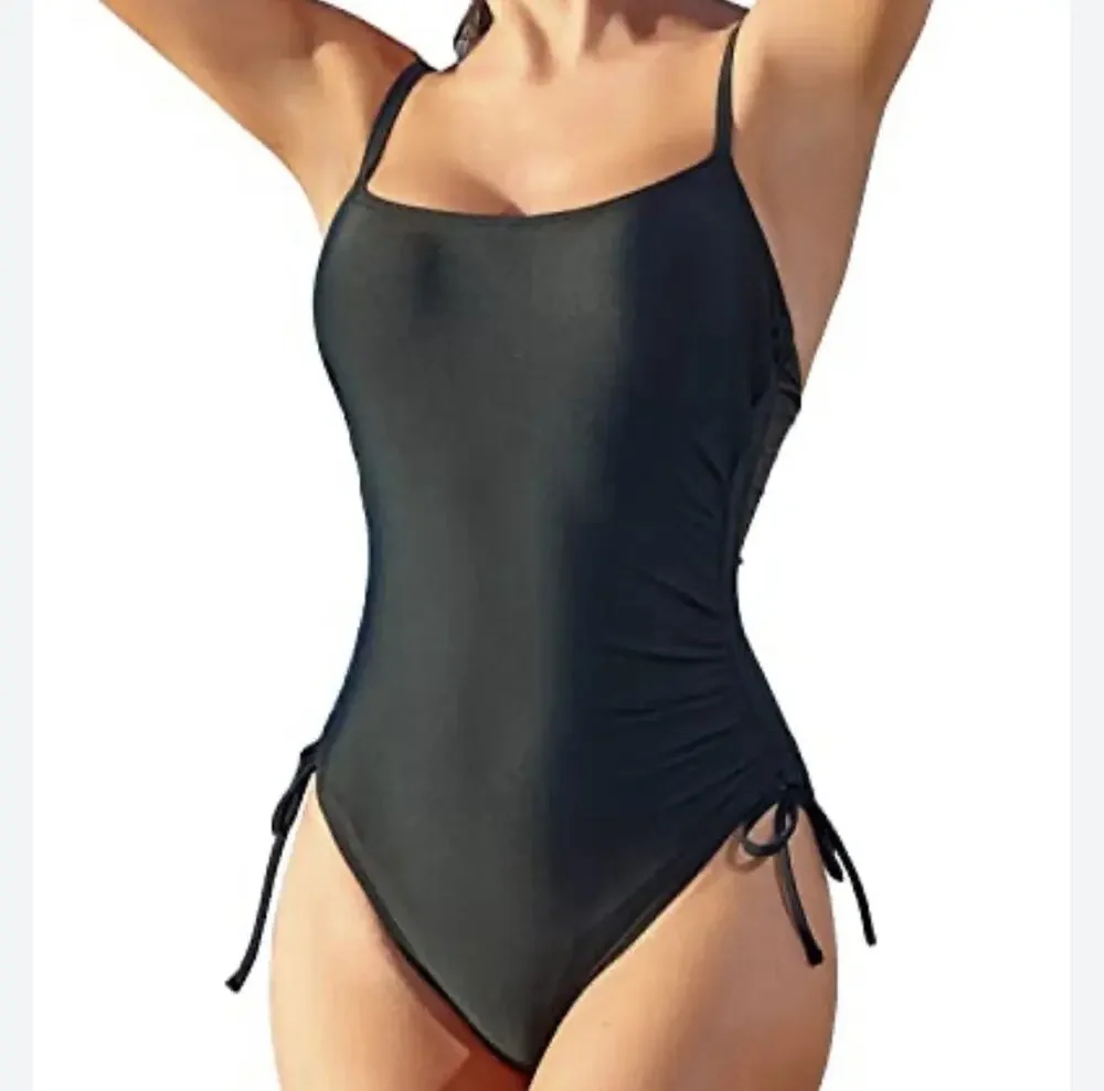 NWT Viottiset Women's Ruched High Cut One Piece Swimsuit Tummy Control Black M